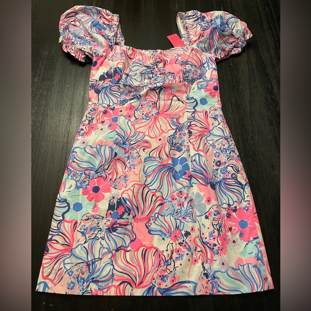 Lilly Pulitzer Keisha Prosecco Pink Make A Splash Puff Sleeve Stretch Dress NEW